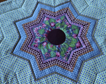 Handmade Star Quilted Table Topper: Floral Dresser Scarf (29")