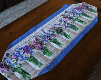 Floral Bouquets! Extra-long, handmade, oblong, quilted table topper or dresser scarf - Beautiful Spring Flowers in Mason Jars - 12" by 36"