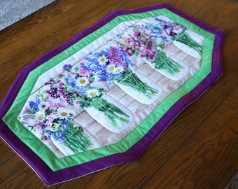 Floral Bouquets! Handmade, oblong, quilted table topper or dresser scarf - Beautiful Spring Flowers in Mason Jars - 13" by 23"