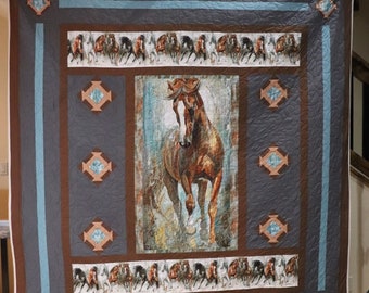 Spirited Horse in Gray - Beautiful, dramatic horse quilt - Handmade quilt, queen size - 87" by 95"