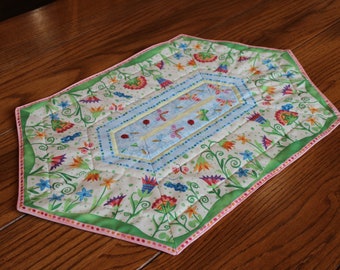 Spring Flowers - Handmade, oblong, quilted table topper or dresser scarf - 16" by 25"