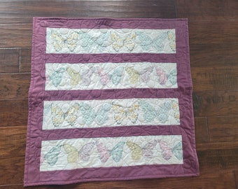 Handmade Butterfly Baby Quilt: Pastel Stripes, Maroon Accent (31" Square)