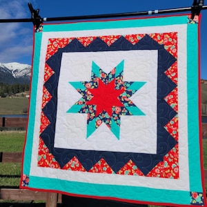 Baby Lonestar - Handmade baby quilt - 42&quot; square - Striking, bright star quilt for baby