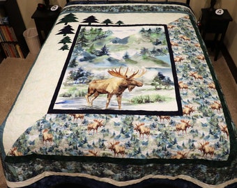 Trail Mix - Beautiful, dramatic moose quilt - Handmade quilt, queen size - 84" by 93"