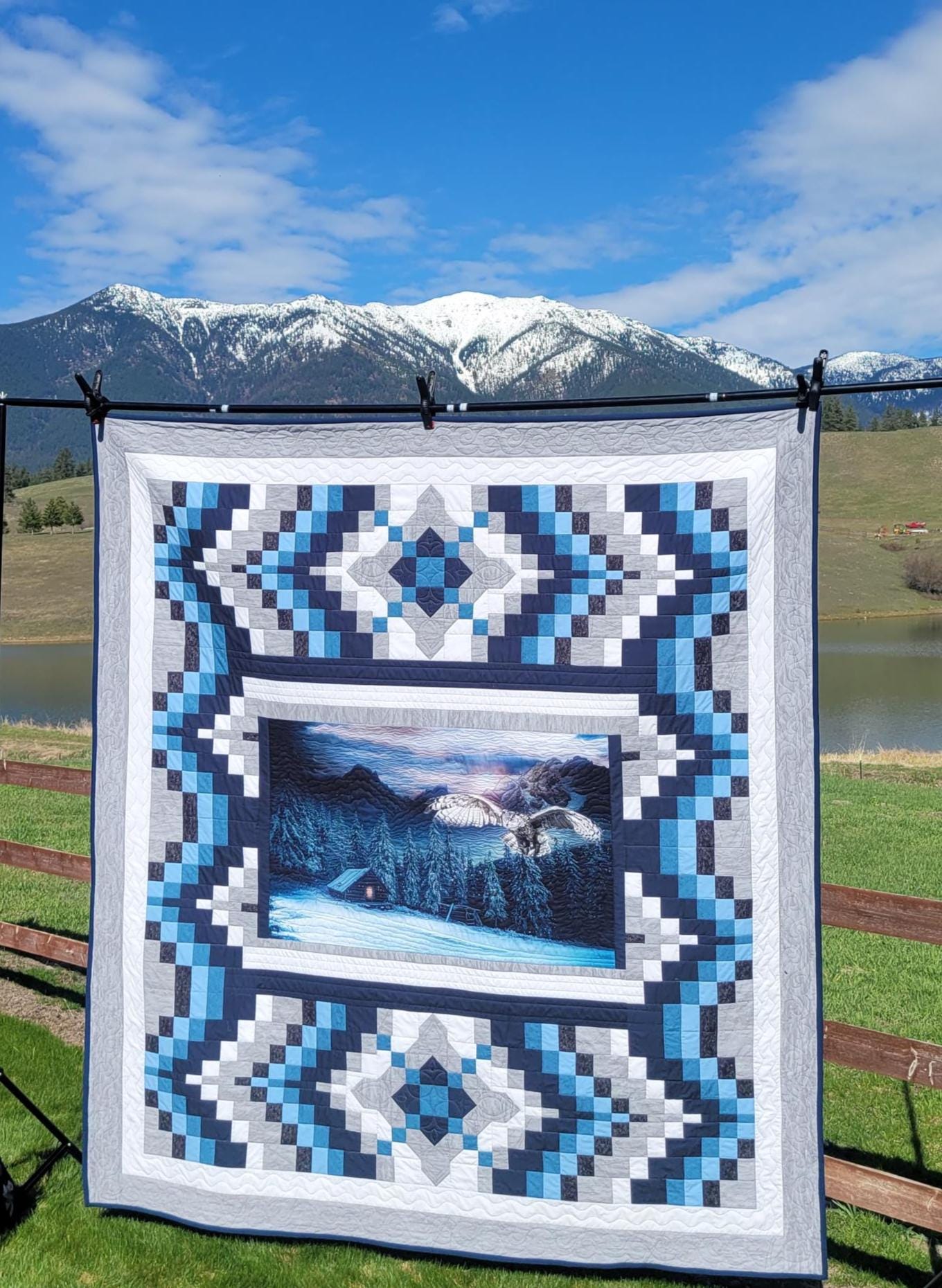 Moonlight Flight - Dramatic Owl Panel with Bargello Frame - Queen sized, handmade quilt - 87" b