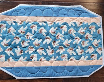 Spring Bunnies - Handmade, oblong, quilted table topper or dresser scarf - 14" by 20"