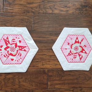 Valentine's Day Pair of handmade, hexagon, small, quilted table toppers Gnomes with Hugs & Kisses 11 by 13 each image 1