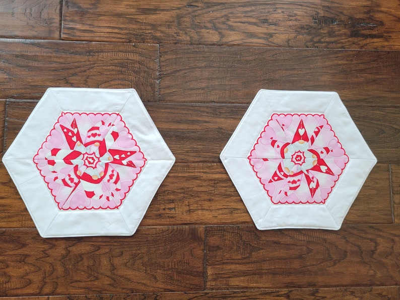 Valentine's Day Pair of handmade, hexagon, small, quilted table toppers Gnomes with Hugs & Kisses 11 by 13 each image 1