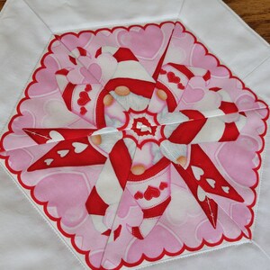 Valentine's Day Pair of handmade, hexagon, small, quilted table toppers Gnomes with Hugs & Kisses 11 by 13 each image 2