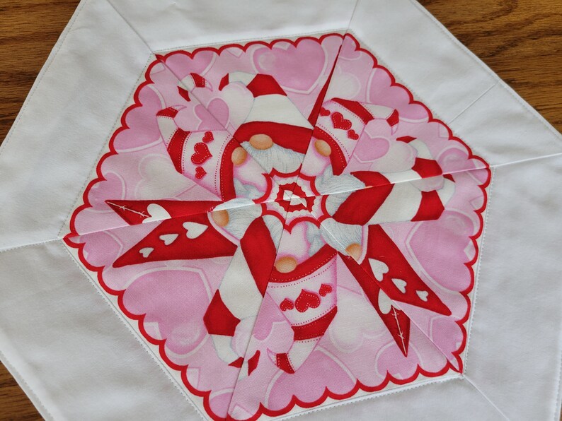 Valentine's Day Pair of handmade, hexagon, small, quilted table toppers Gnomes with Hugs & Kisses 11 by 13 each image 2