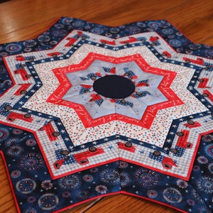 Patriotic Red Trucks! Large star shaped table topper - 28&quot; handmade quilted table topper - Free shipping!