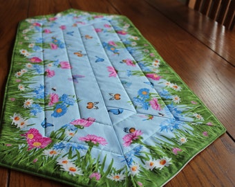 Springtime! Extra-long, handmade, oblong, quilted table topper or dresser scarf - Beautiful Spring Flowers & Butterflies - 15" by 37"