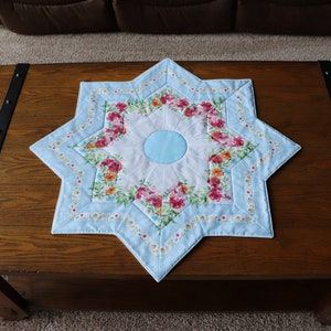 Shabby Chic! Large, handmade, star-shaped, quilted table topper or dresser scarf - Delicate Flowers & Lace - 27&quot; - Free shipping!