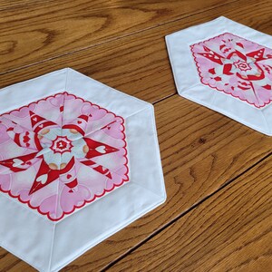 Valentine's Day Pair of handmade, hexagon, small, quilted table toppers Gnomes with Hugs & Kisses 11 by 13 each image 4