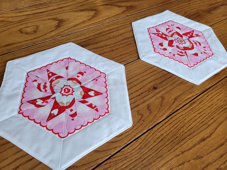 Valentine's Day Pair of handmade, hexagon, small, quilted table toppers Gnomes with Hugs & Kisses 11 by 13 each image 4