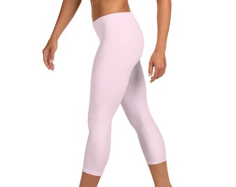 Custom Mid Rise Capri Leggings - Soft Pink Solid - Fitness Running Exercise Yoga Pants