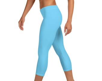 Custom Mid Rise Capri Leggings - Sky Blue Solid - Fitness Running Exercise Yoga Pants