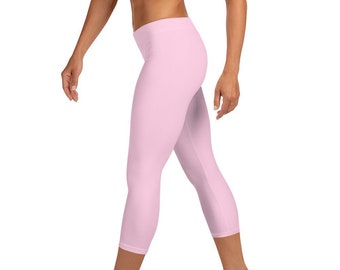 Custom Mid Rise Capri Leggings - Light Pink Solid - Fitness Running Exercise Yoga Pants