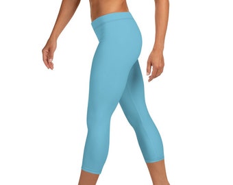 Custom Mid Rise Capri Leggings - Ocean Blue Solid - Fitness Running Exercise Yoga Pants