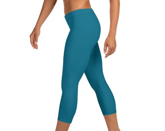 Custom Mid Rise Capri Leggings - Teal Solid - Fitness Running Exercise Yoga Pants