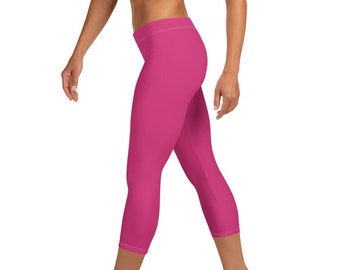 Custom Mid Rise Capri Leggings - Pink Fushiua Solid - Fitness Running Exercise Yoga Pants