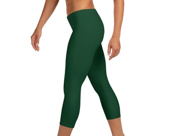 Custom Mid Rise Capri Leggings - Forest Green Solid - Fitness Running Exercise Yoga Pants