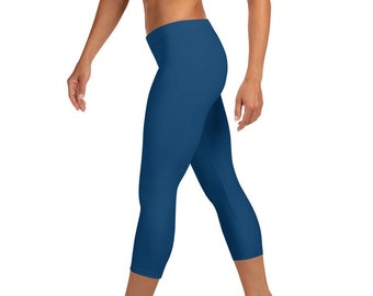 Custom Mid Rise Capri Leggings - Dark Blue Solid - Fitness Running Exercise Yoga Pants