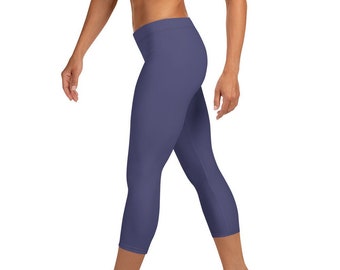 Custom Mid Rise Capri Leggings - Deep Purple Solid - Fitness Running Exercise Yoga Pants