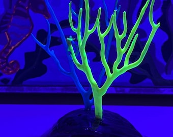 Blue & Yellow Glow in the Dark Resin Coral Reef Fish Tank Ornament - Ultraviolet Fake Aquarium Terrarium Luminous Decor