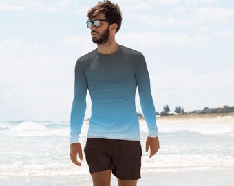 Men's Blue & White Ombre Long Sleeve Rash Guard - Sun Protection Swim Surf Shirt - Exercise Workout Pullover Top