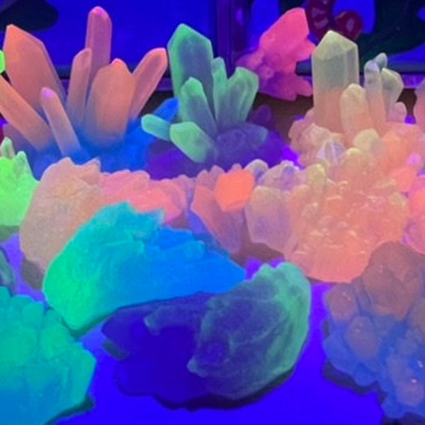 Handmade Ultraviolet Reactive Resin Geode Crystals - UV Blacklight Glow in the Dark Fish Tank Terrarium Decor