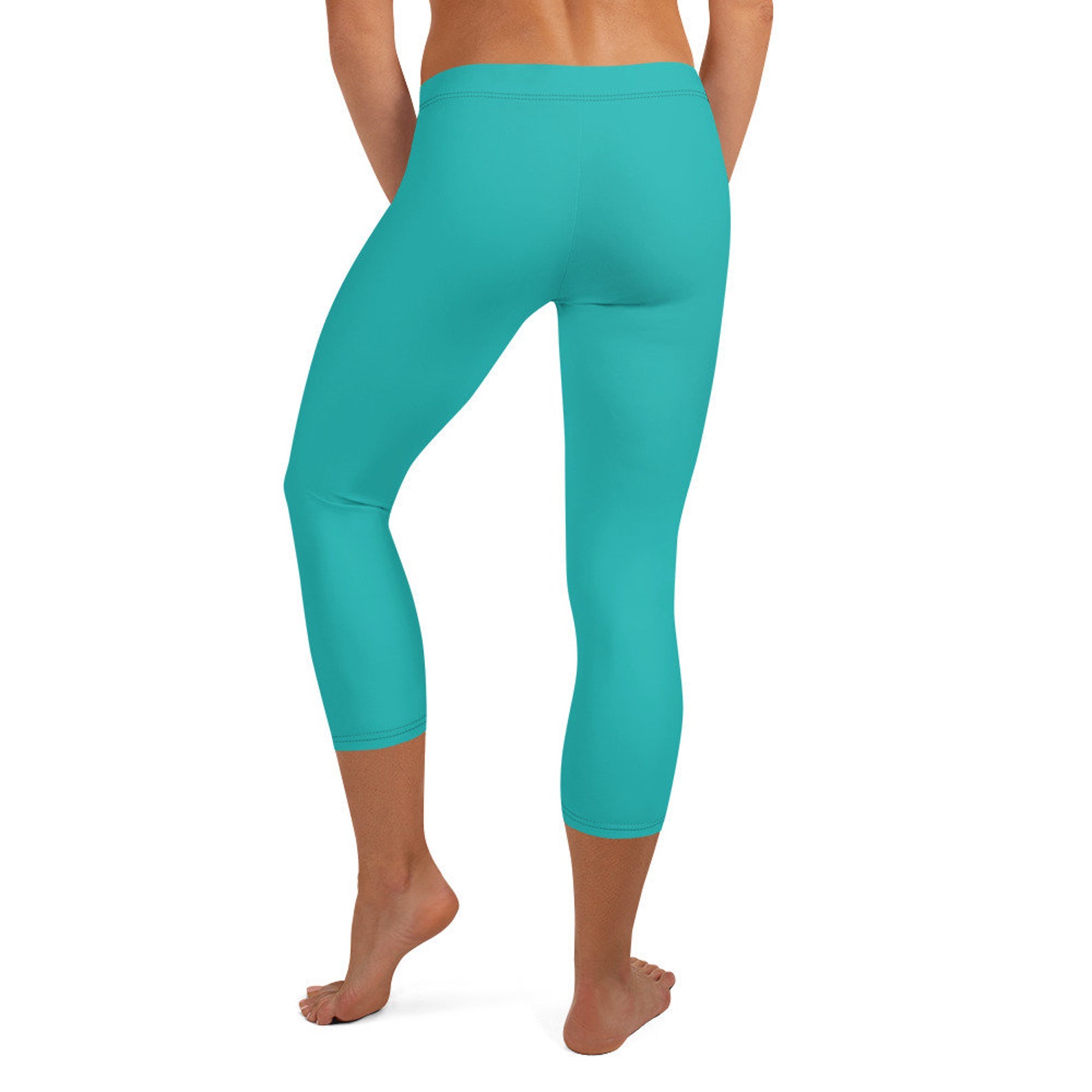 Women's Capri Leggings Aqua Solid Pattern Mid Rise Yoga | Etsy