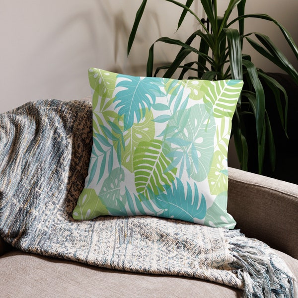 Double Sided Green Blue Tropical Leaf Print Decorative Pillow - Double Sided Accent Throw Pillow - Custom Bench Seat Cushion (3 Sizes)