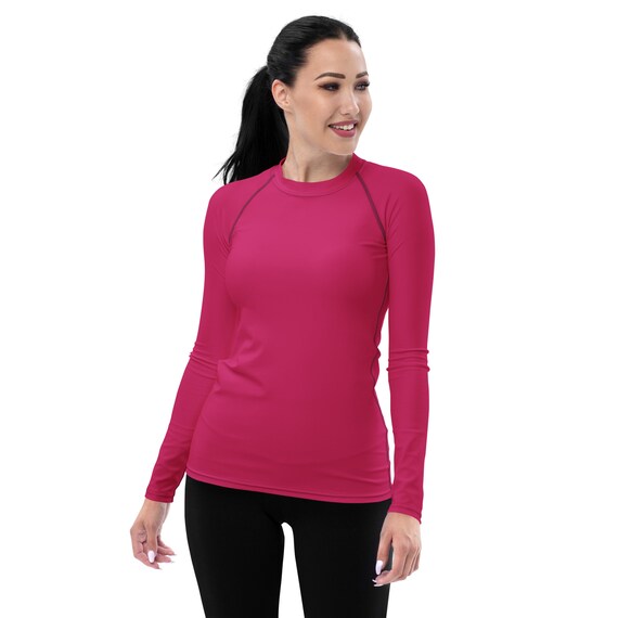 Pink Fushia Solid Long Sleeve Rash Guard Sun Protection Pullover Beach Swim  Surf Pool Shirt Plus Size Rash Guard Shirt 