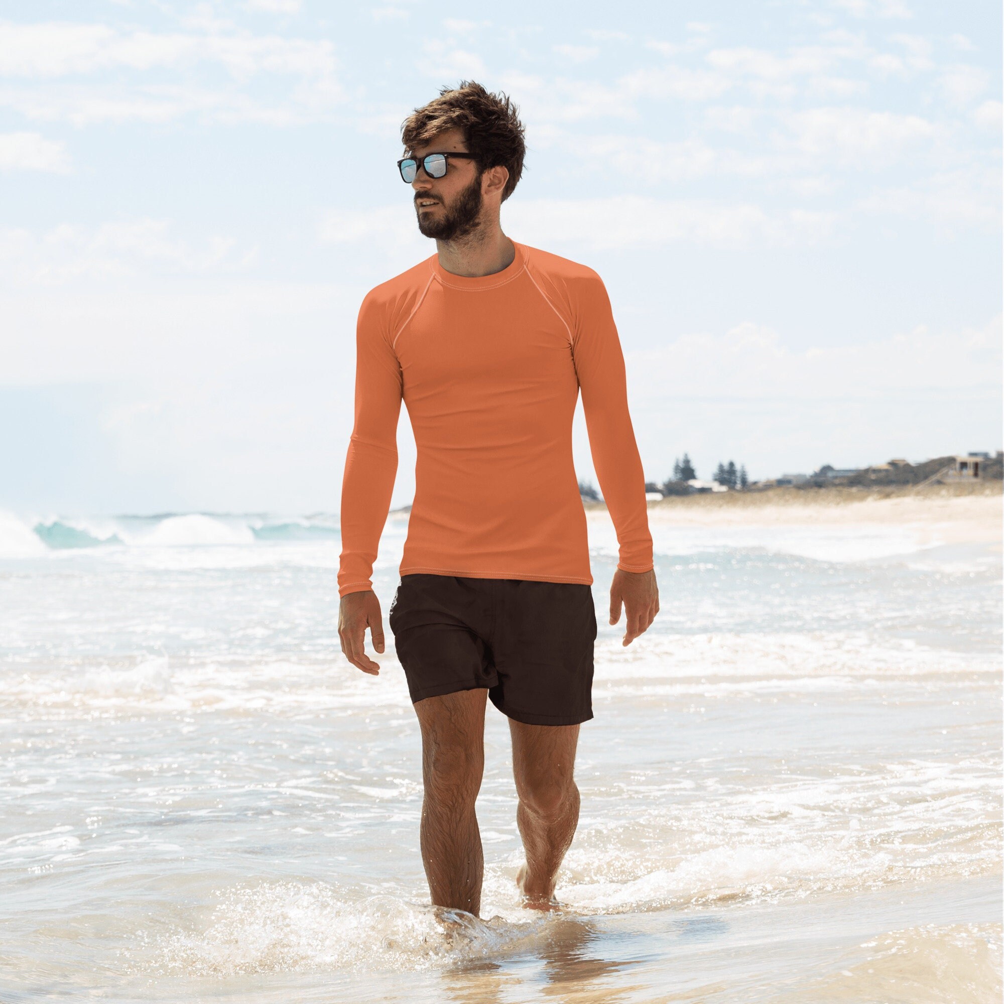 Men's Orange Solid Long Sleeve Rash Guard Sun Protection Swim Surf