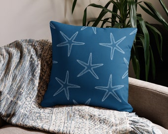 Blue & White Starfish Print Decorative Throw Pillow - Double Sided Lumbar Pillow - Custom Bench Seat Cushion (3 Sizes)