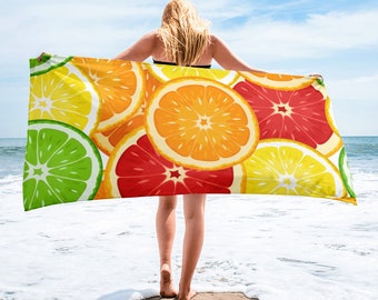 Colorful Fruit Large Beach Towel – Summer Vacation Beach  – Custom Pool Bath Towels - Personalized Towels