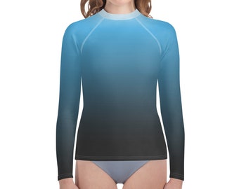 Girls Youth Rash Teen Guard Shirt - Blue Ombre Long Sleeve Swim Shirt - Girls Beach Cover Up - Swimsuit