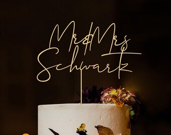 Adorno dorado personalizado para tarta de bodas de Sr. y Sra.: Decoración rústica personalizada