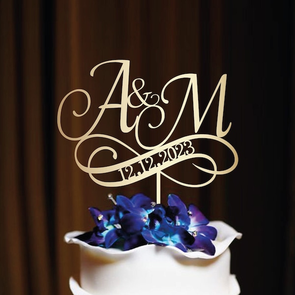 Topper per torta nuziale monogramma oro Personalizzato iniziali personalizzate cake topper Mr e Mrs cake topper Anniversario cake topper data del matrimonio, N#18