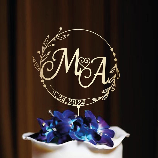 Monogram wedding cake topper personalized custom initials cake topper Mr and Mrs cake topper anniversary cake topper wedding date, N#39_1