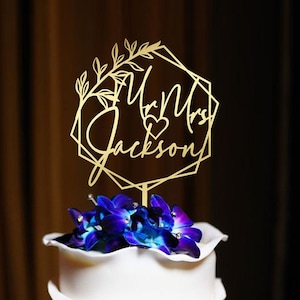 Topper per torta nuziale con ghirlanda rustica, topper per torta nuziale personalizzato rustico, topper per torta nuziale esagonale di compleanno, topper per torta di anniversario_CT_N_05