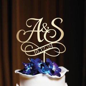Topo de bolo de casamento com monograma dourado Topo de bolo personalizado com iniciais personalizadas Topo de bolo Sr. e Sra. Topo de bolo de aniversário Data do casamento, N#27