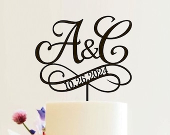 Gold wedding cake topper Personalized Custom initials cake topper Mr and Mrs cake topper custom Anniversary cake topper wedding date, N#35