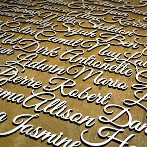 Personalized Wood Wedding Place Cards: Laser Cut Calligraphy Names