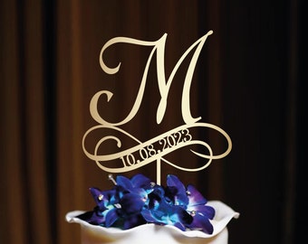 Initiales de mariage monogramme de décoration couronne rustique pour gâteau de mariage rustique décoration de gâteau de mariage personnalisé script décoration de gâteau Date, N #17