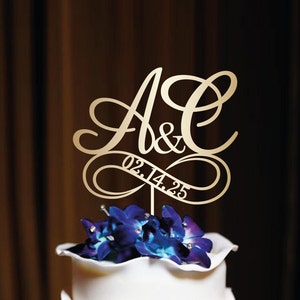 Gold wedding cake topper Personalized Custom initials cake topper rustic Mr and Mrs cake topper Anniversary cake topper wedding date, N#56_1