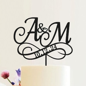 Topper de pastel de boda con monograma de oro, topper de pastel con iniciales personalizadas, topper de pastel de Mr y Mrs, topper de pastel de aniversario, fecha de boda, N#36