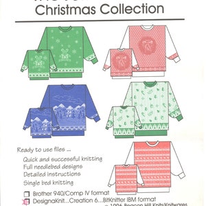 May include: A collection of Christmas sweater knitting patterns for Brother 940/Comp IV and BitKnitter IBM formats. The patterns feature a variety of designs, including snowflakes, reindeer, and Santa Claus. The patterns are ready to use and include detailed instructions.