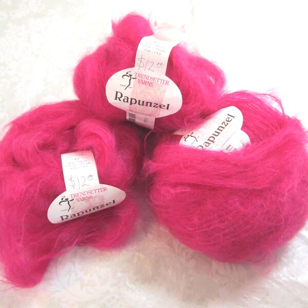 Trendsetter Rapunzel; 3 skeins (selling together), 110 yds ea; Vivid Rose; mohair 80%,wool,15 polyamide 5;made in Italy; col348 Lot 72924